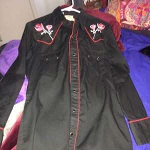 Black Embroidered Pearl Snap Shirt